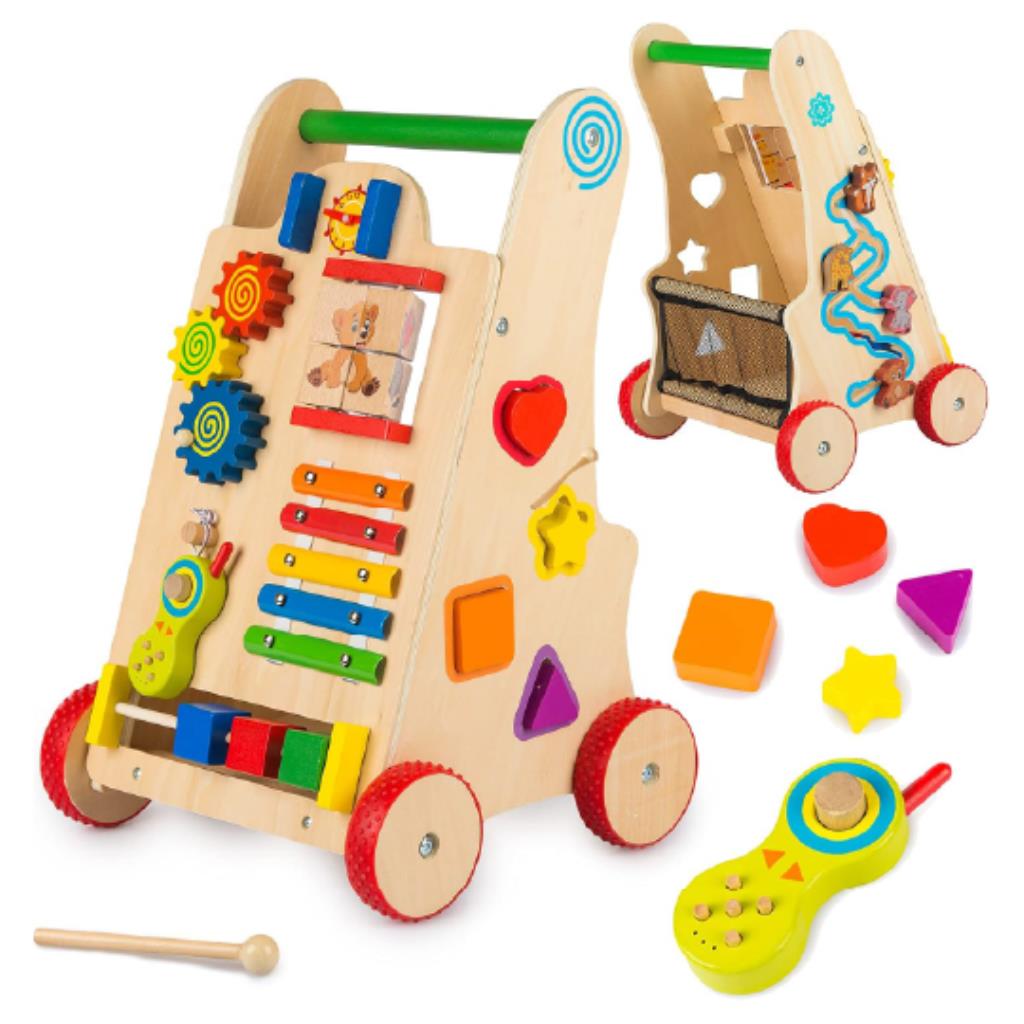 Wooden Multi-Activity Baby Walker with Storage Basket